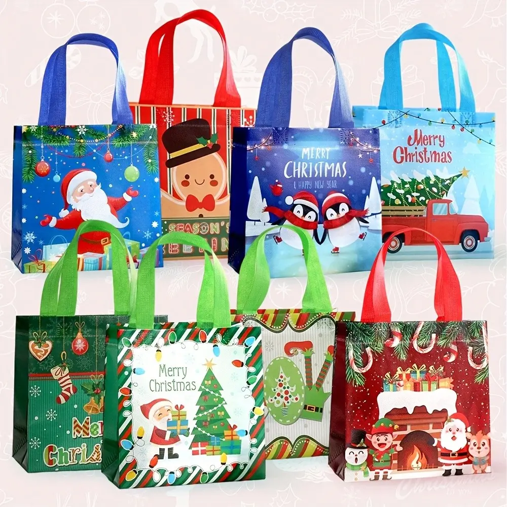 Christmas Theme Gift Bags, Cute Gift Bags, Non-Woven Fabric, 12/24/36 Pcs, Santa Claus, Gingerbread Man, Penguin Patterns, Party Festival Handheld Gift Bags