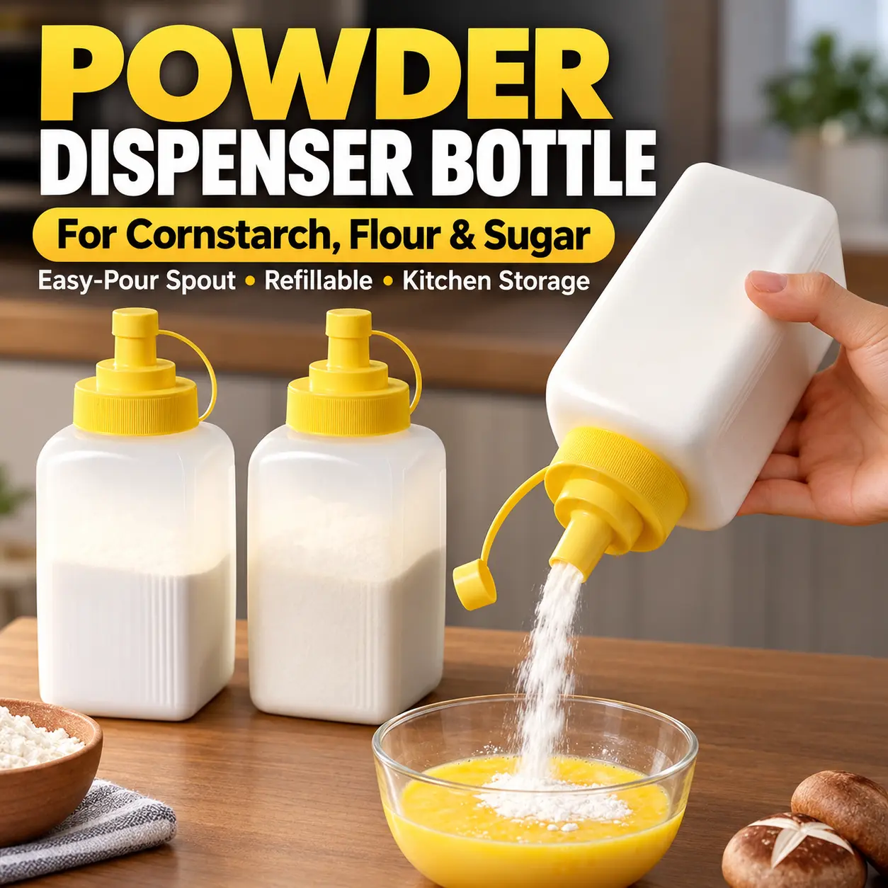 Kitchen Powder Dispenser Bottle with Pour Spout, Refillable Cornstarch & Flour Storage Container for Baking Soda, Dry Seasonings and Pantry Organization