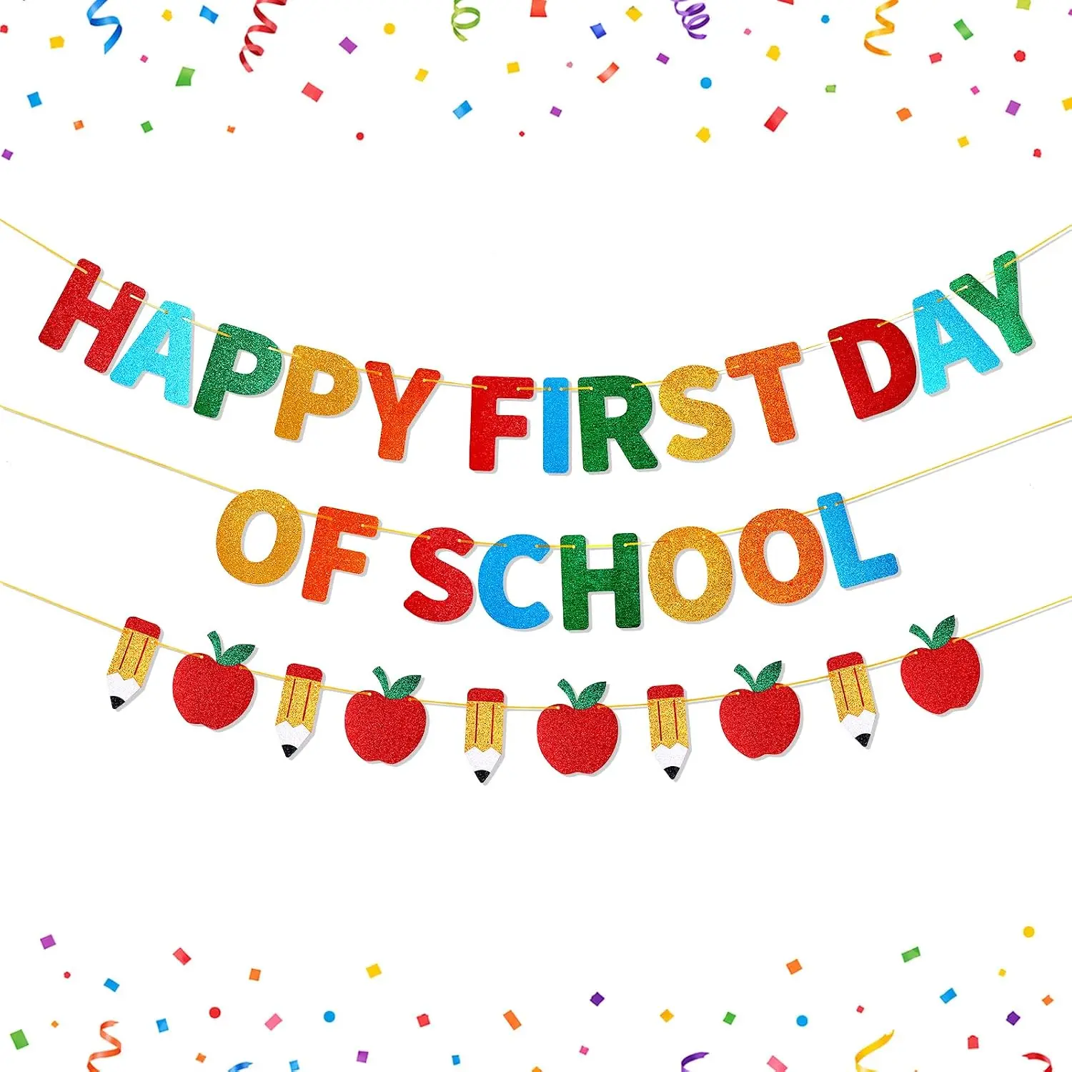 First Day School Modern Pre-Strung Glitter Paper Banner, Classroom Setup Decor, Back-to-School Festive Party Supply