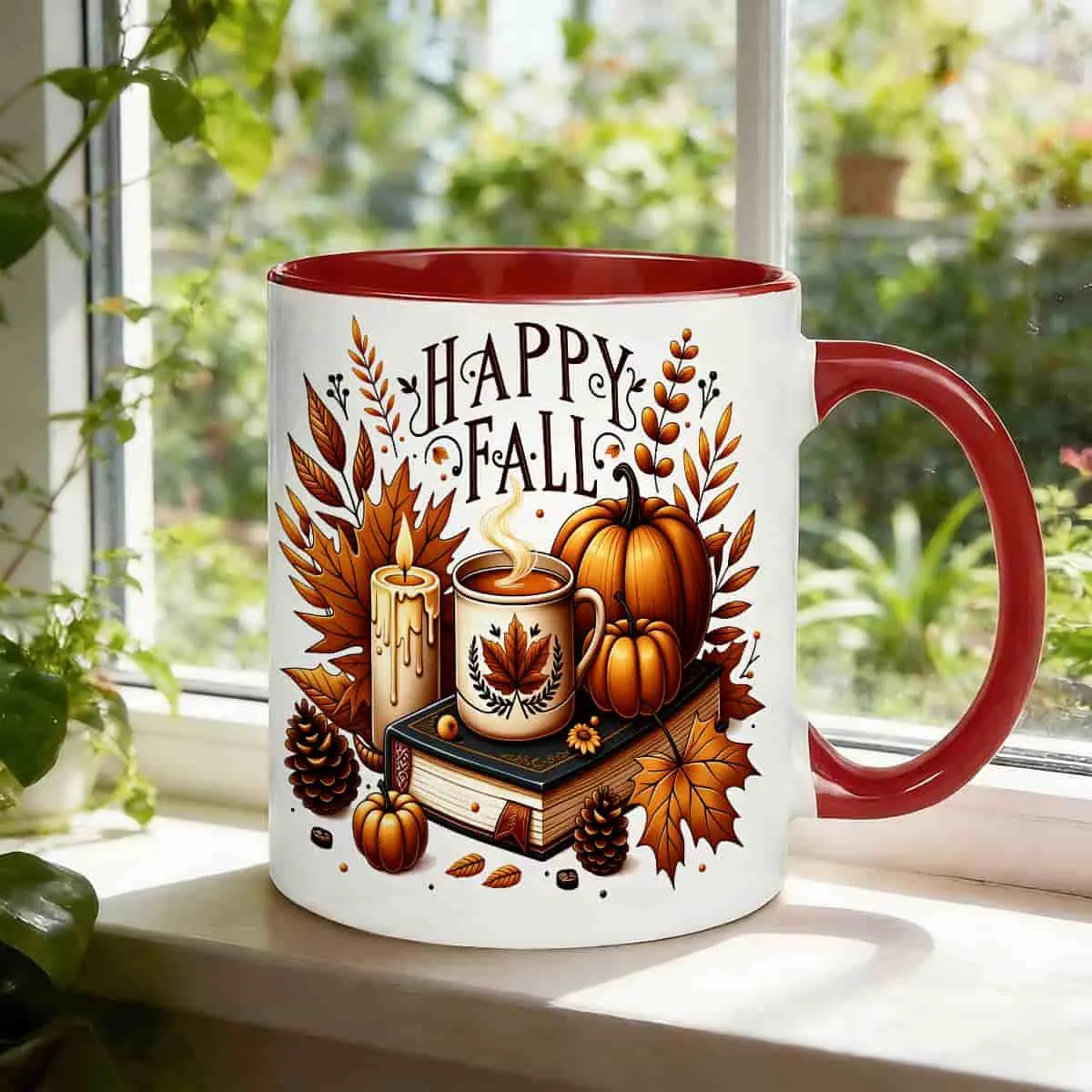 1pc Modern Happy Fall Ceramic Single Mug - 11Oz White & Brown Coffee Cup with Maple Leaf, Pumpkin Latte Design, Black Rim - Durable Thanksgiving Drinkware for Home, Gifts, Autumn Tea & Cocoa