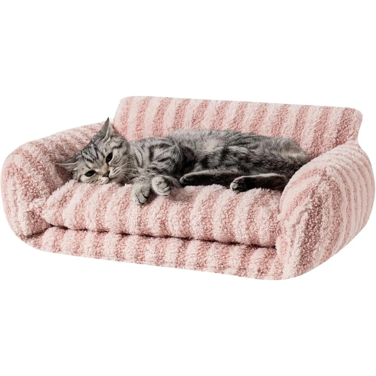 Plush Fabric Cat Bed - Fluffy, Multifunctional Double-Layer, Machine Washable, Orthopedic Warming Nest, Soft Pet Couch for Small Cats/Kittens (Up to 13lbs), Pink, 21x15x8in, Single Unit