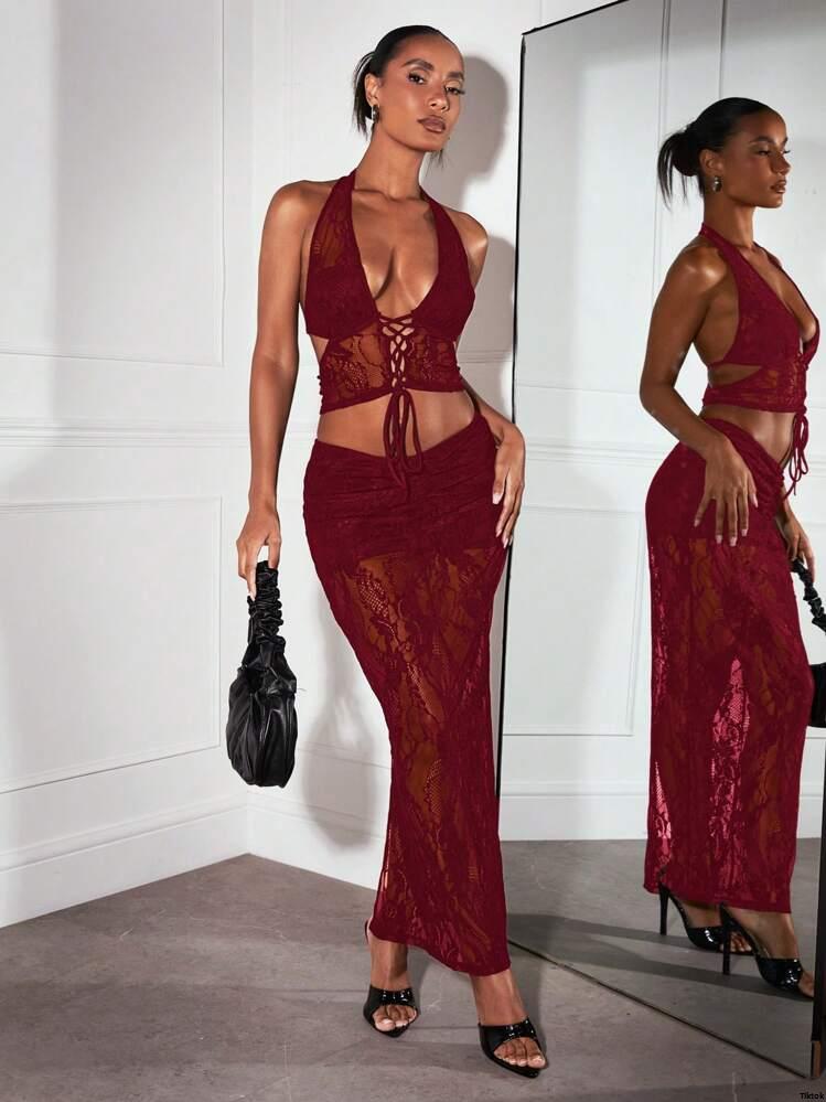 SexyWomenPartyAfternoonTeaOutfit ElegantLaceLongBeachDress tiktokBAEBlackSheerLaceHalterCriss - CrossBandageCorsetTop LowRiseLaceSkirt Music ConcertFestivalOutfit