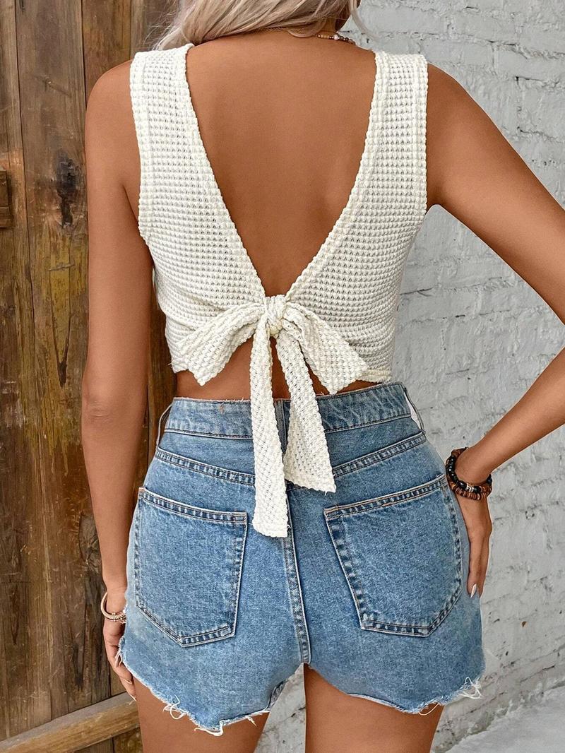 Women's Plain Tie Back Waffle Knit Tank Top, Cami Top, Casual Sleeveless Top for Daily Wear, Ladies Clothes for All Seasons