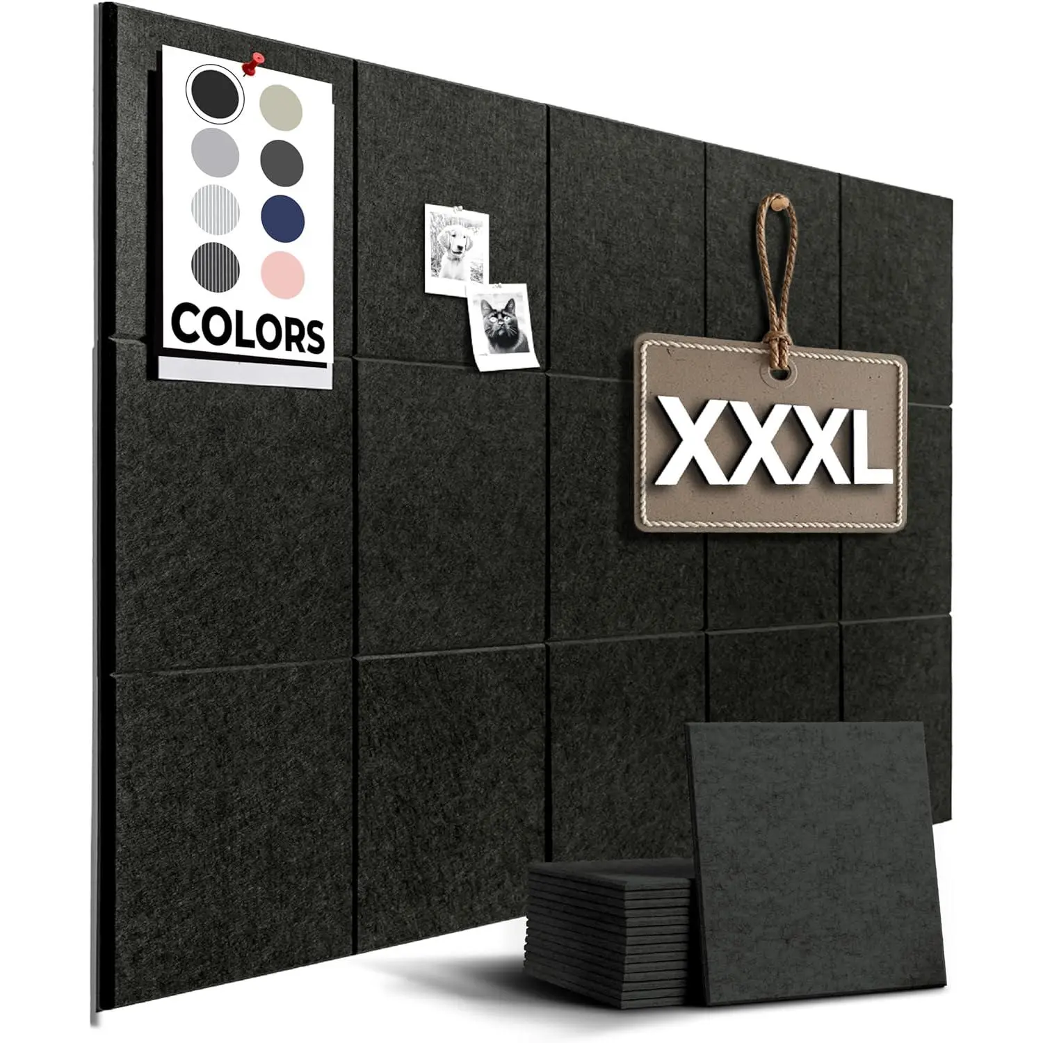Large 59" x 36" Vision Board Cork Wall Board, Black Bulletin Board with 15 Pack Felt Wall Tiles, Pin Tack Cork Boards for Office Use