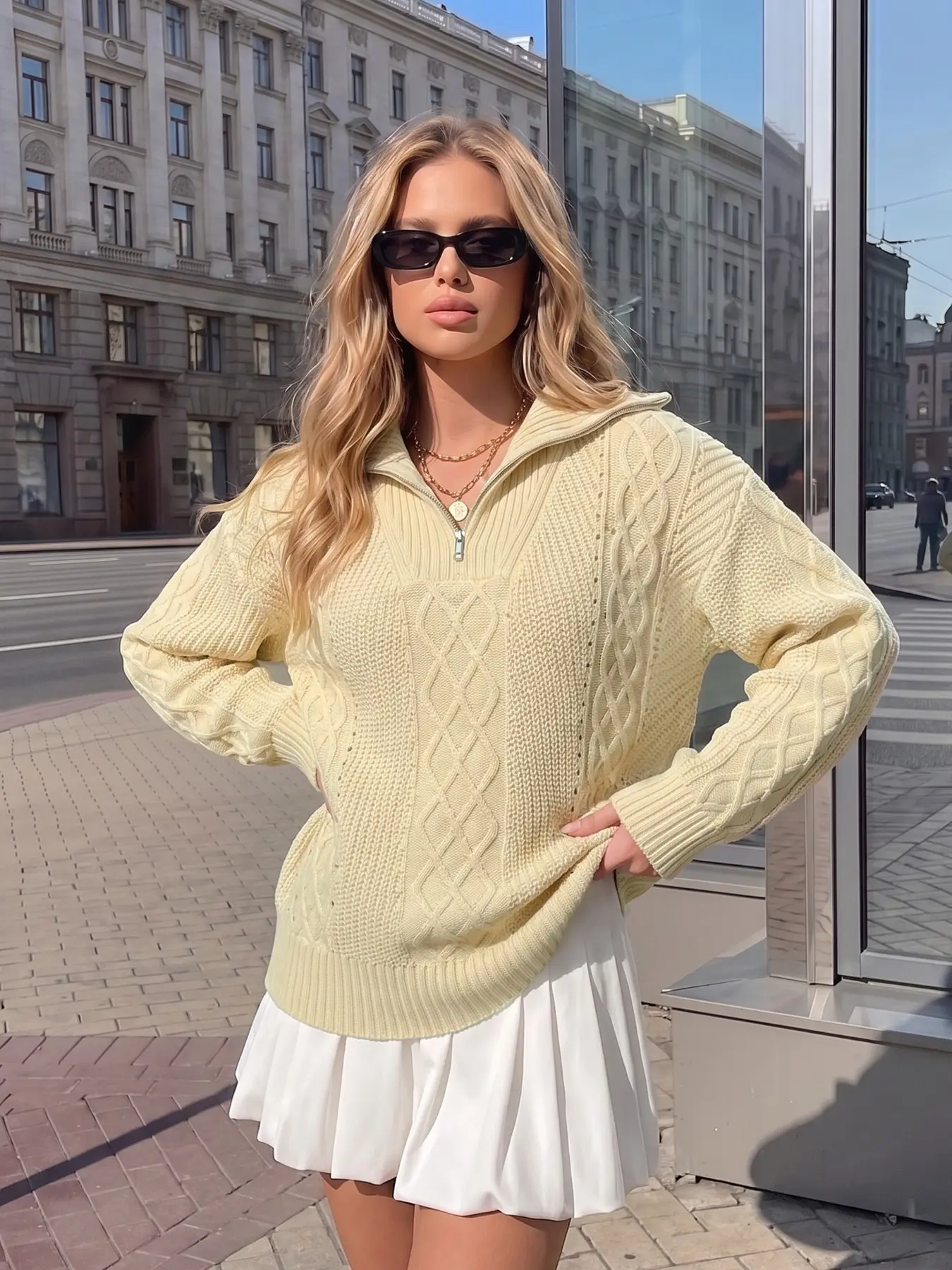 Women's Solid Color Casual Zipper Knit Long Sleeve Pullover Sweater, Fall Winter Lazy Style, Comfortable and Stylish