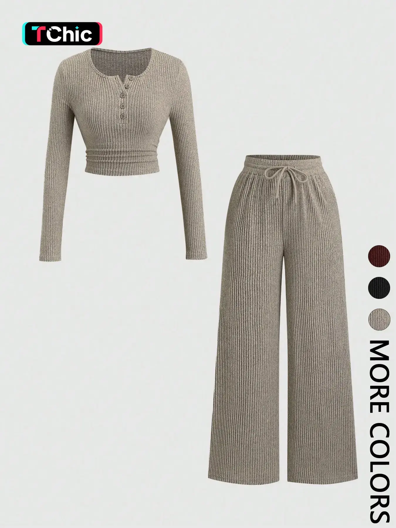 2 Piece Set Women Crew Neck Partial Button Ruched Waist Cropped Long Sleeve Top & Elastic Drawstring Wide Leg Pants Matching Two Piece Loungewear Set