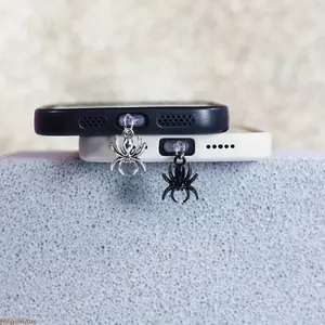 Gothic Spider Anti-Dust Charging Port Plug, Black & Antique Silver Decorative Phone Charm, 2.9×1.4cm Mini Dust Stopper Universal for Lightning & Type-C Smartphones