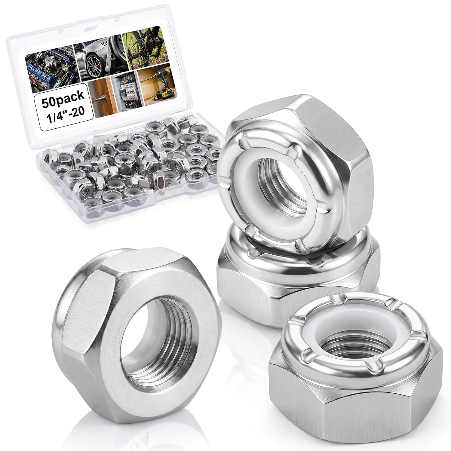 50 count 1/4-20 Thin Nylon Insert Lock Nuts 304 Stainless Steel Jam Nuts Marine Grade Hex Locknuts, Rust Resistant Marine Grade Fasteners for ()