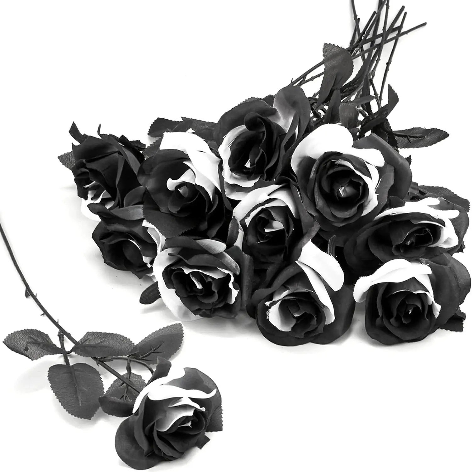 Realistic 8/16pcs Artificial Flower Arrangements Decorative Faux Flowers Black and Wine Red Rose Fake Flower 14.74in for Home Desktop Decor Daily Party Holiday Decoration Halloween Roses Bouquet