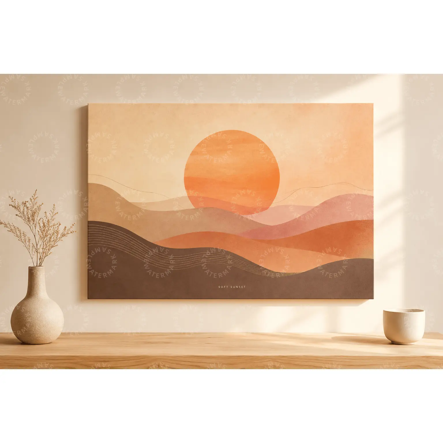 Soft Sunset Abstract Canvas Wall Art, Warm Boho Landscape Poster with Orange Sun and Layered Hills, Minimalist Aesthetic Bedroom Living Room Decor, Office Wall Art, Modern Neutral Home Decor Gift