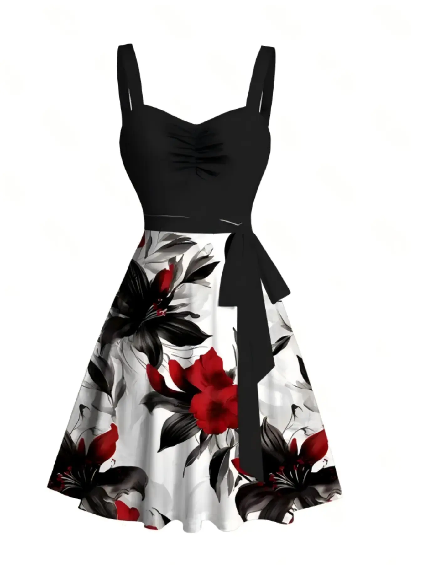 Spring Vacation Dress, Leaf Floral Pattern, Patchwork Design, Ruched Waist Belt, Women's Fashionable Sleeveless Midi Dress, Perfect for Outdoor Activities, Elegance, Boho Fashion Dress