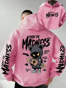 New Men's Hooded Sweatshirt, Trendy Skateboard Bear Print, Polyester Material, Kangaroo Pocket, Casual Fitted Style, All Seasons