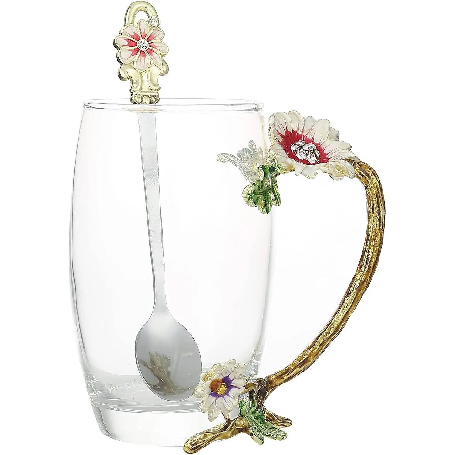 High Chrysanthemum  Cup Glass Mugs With Handles, 12 Ounces, Floral , Heat Resistant Borosilicate Glass Coffee Cup For Women, Includes Spoon And Coaster
