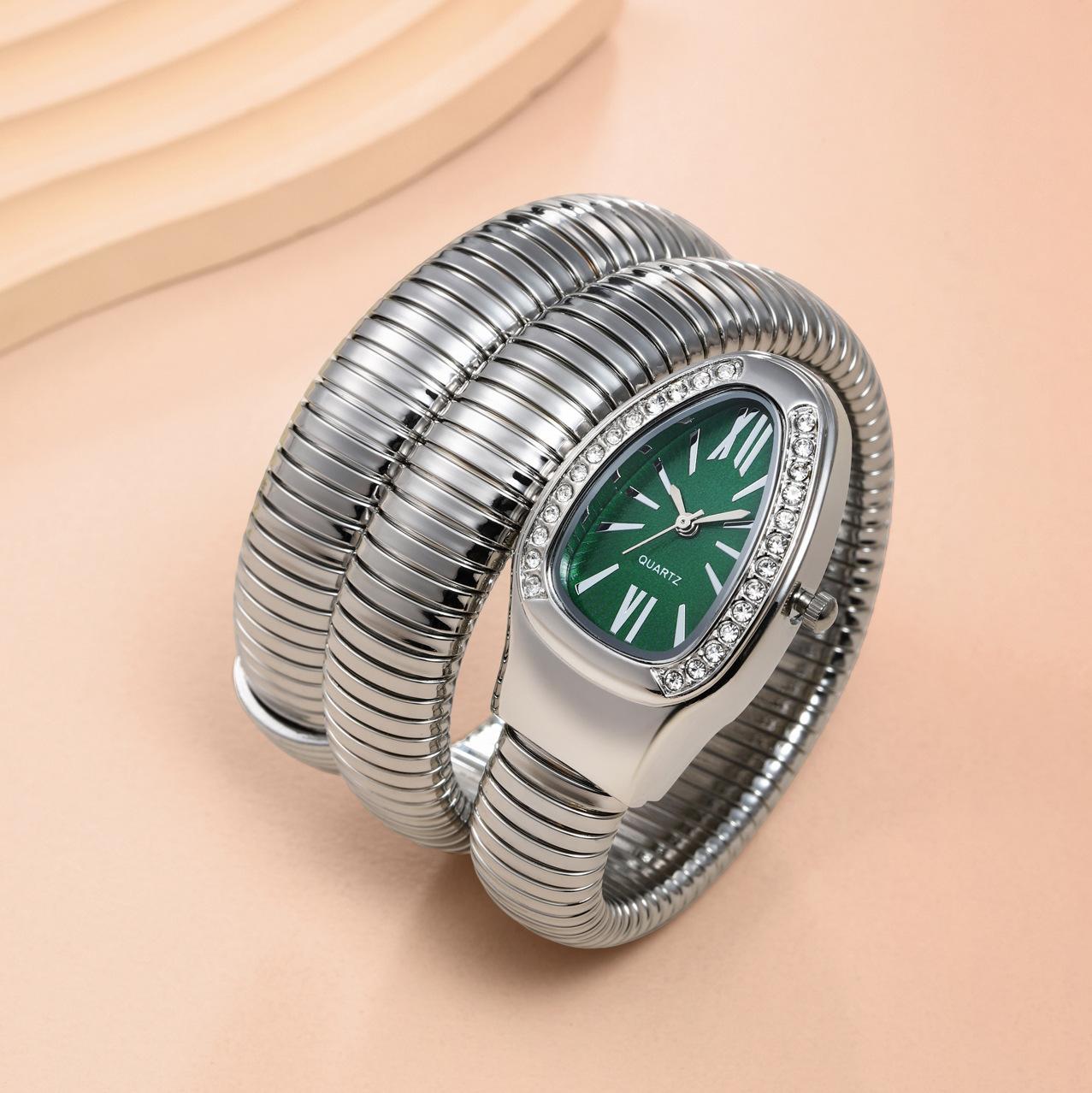 Women's Luxury Gold Snake Bangle Quartz Watch - Wrap Around Wristwatch with Crystal Diamond Bezel, Mother of Pearl Dial, Roman Numerals, Elegant Retro Statement Timepiece, Perfect Gift for Her