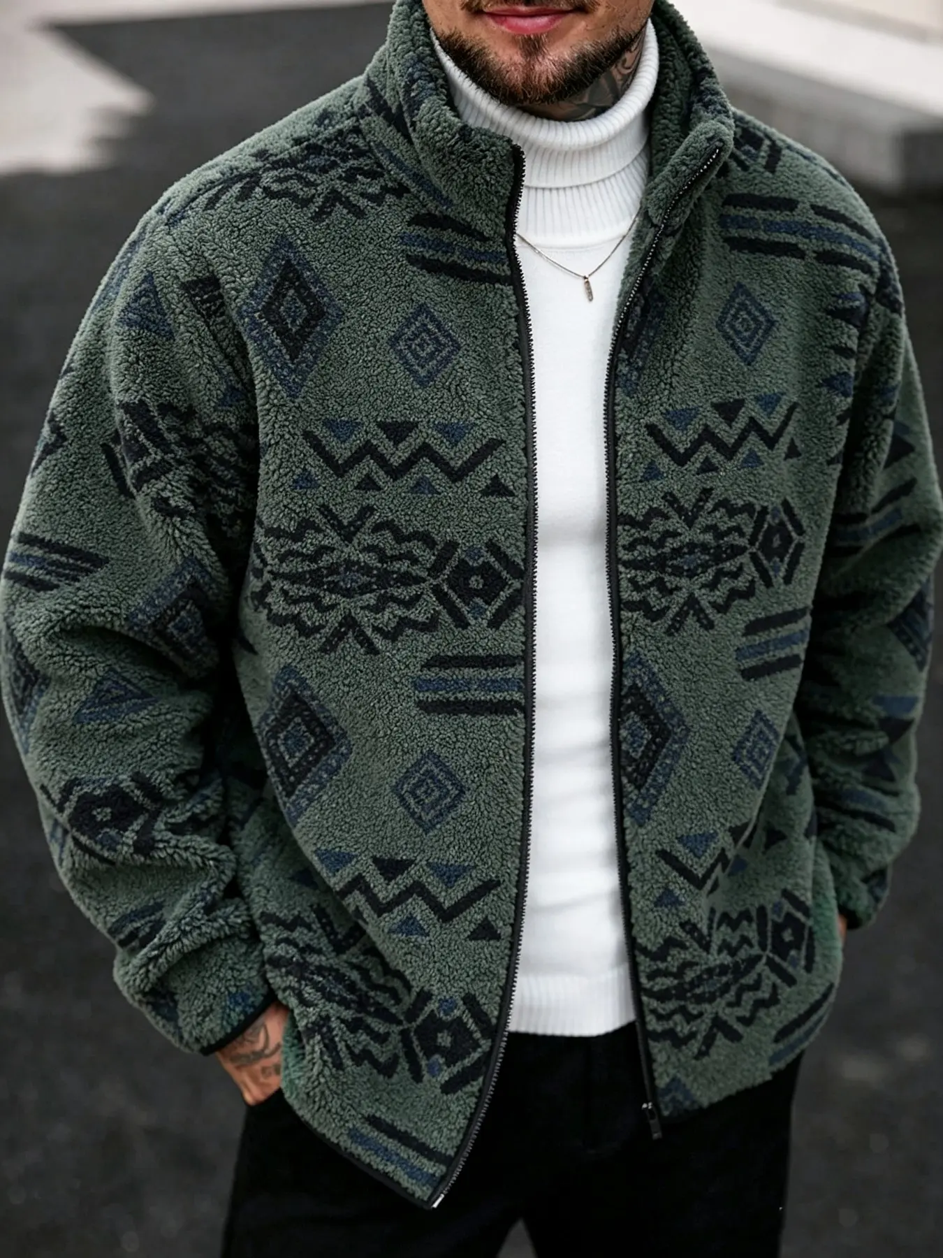 Men’s vintage Aztec tribal geometric print sherpa fleece jacket, full-zip warm outerwear