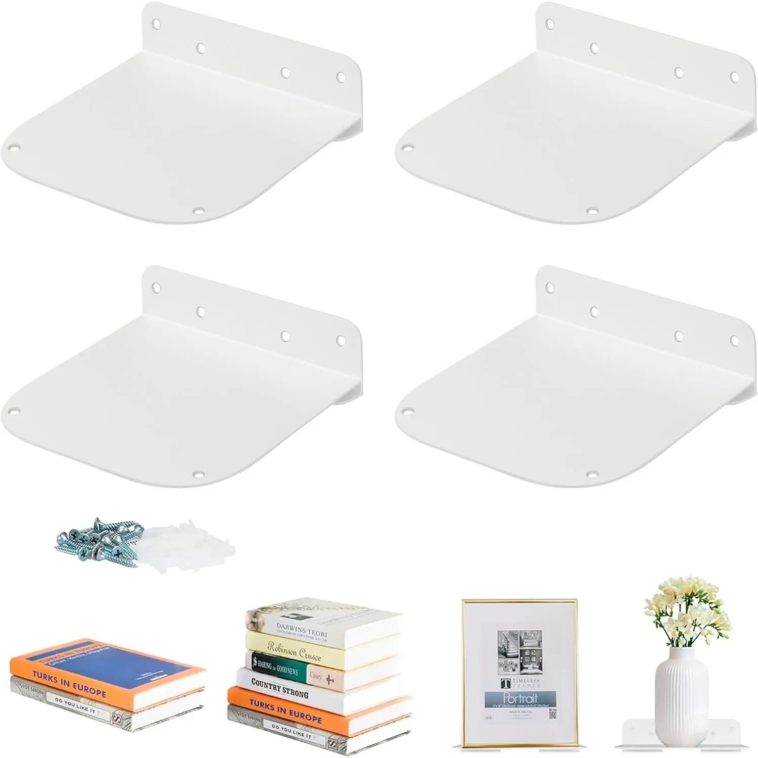 Floating Book Shelves for Wall Mounted Invisible Floating Bookshelves Heavy-Duty Steel Hidden Bookshelf Hanging Bookshelves for Bedroom Living Room Office, White 4-Pack