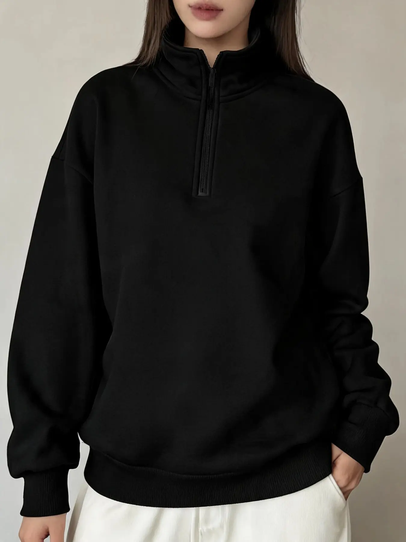 Women's Casual Sweatshirt, Long Sleeve Loose-Fit Zipper Design, Plain Solid Color, All-Season Athleisure Top, Basic Oversize Pullover