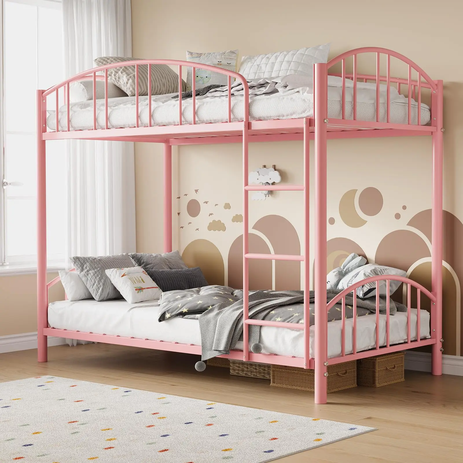 Garvee Metal Twin Over Twin Bunk Bed with Heavy Duty Steel Frame, Arched Guardrail, Safety Ladder, Space-Saving Design, No Box Spring Needed, Modern Pink Finish