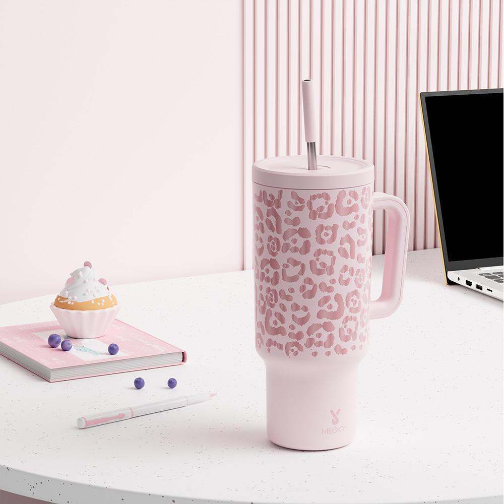 40oz Patterned Straw Handle Cup, 1 Count Multi-grid Ice Cube & Leak-proof Cup Lid with Silicone Handle, Stainless Steel Insulated Wide Mouth and Narrow Bottom for Easy Cleaning and Car Loading, Tumbler Insulated Travel Drinkware