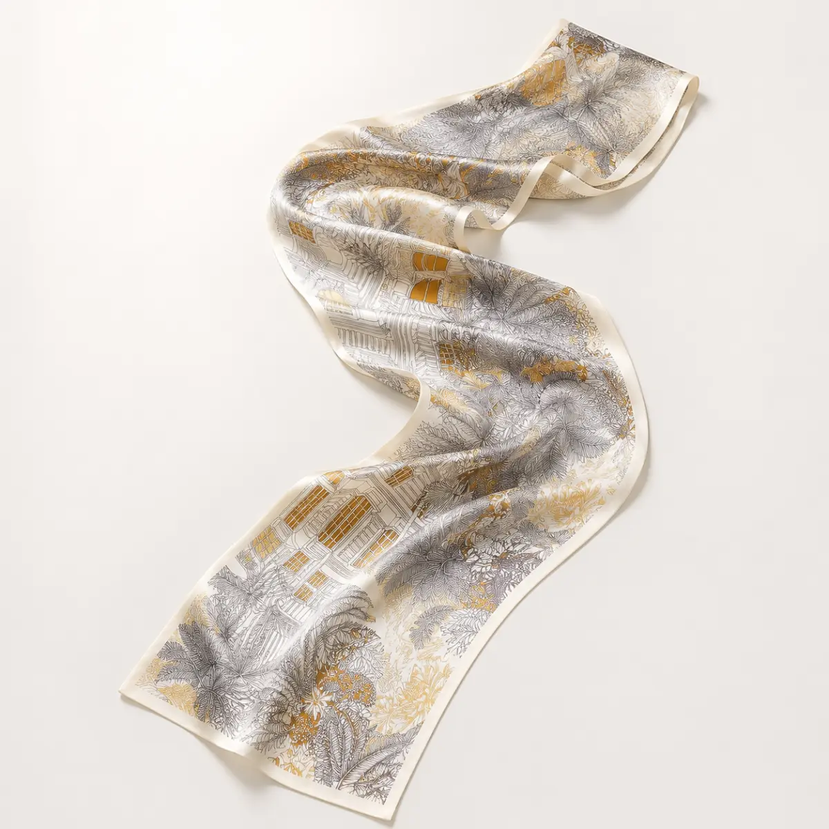 100% Silk Skinny Scarf, Women's Botanical Art & Architectural Print Neck Tie, Long Narrow Hair & Handbag Fashion Accessory