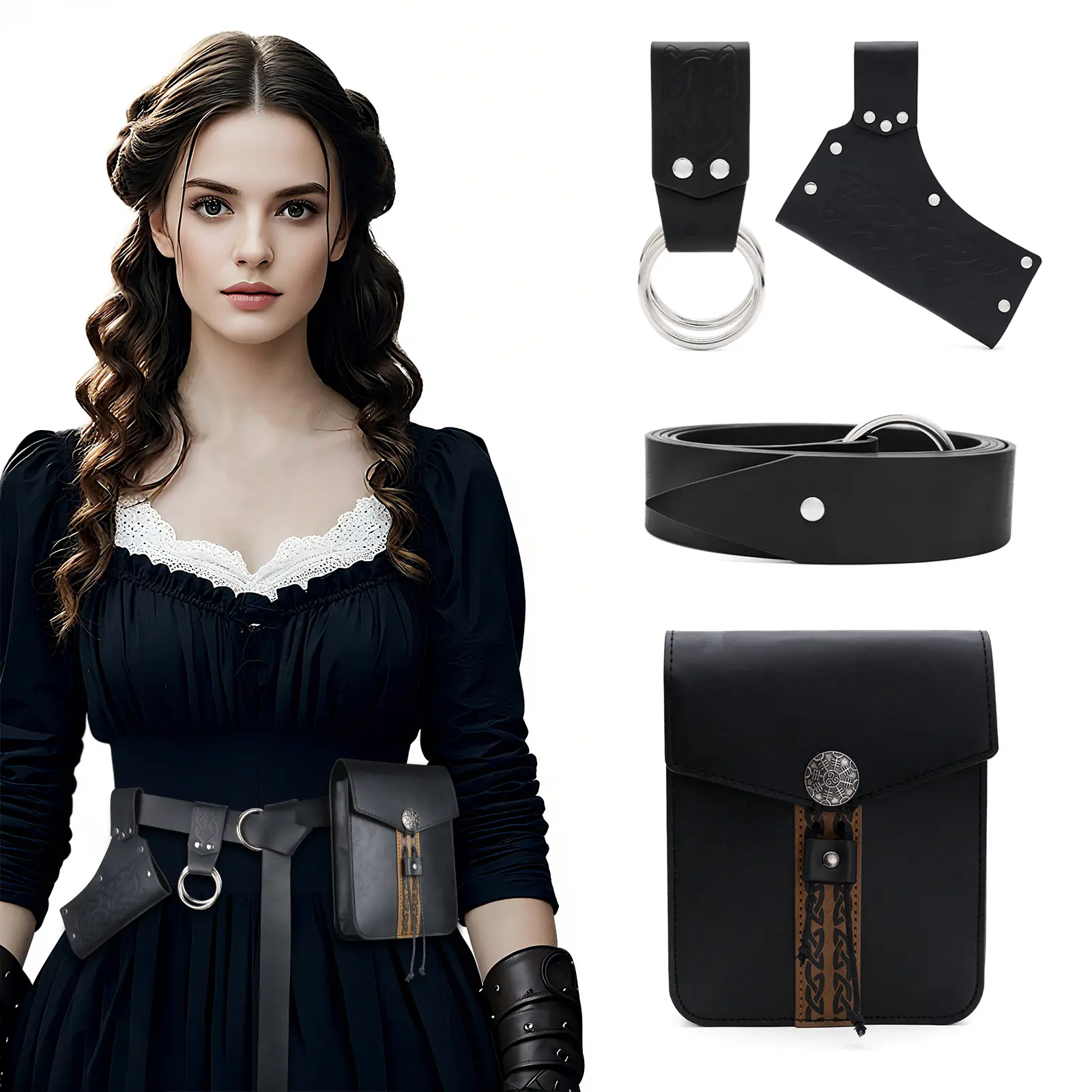Effortless Black Medieval Viking Leather Belt Set with Pouch and Double Ring Hanger Vintage Renaissance Faire Costume Accessory Adjustable Ring Waistband Gothic Sorcerer Rogue LARP Cosplay Gear