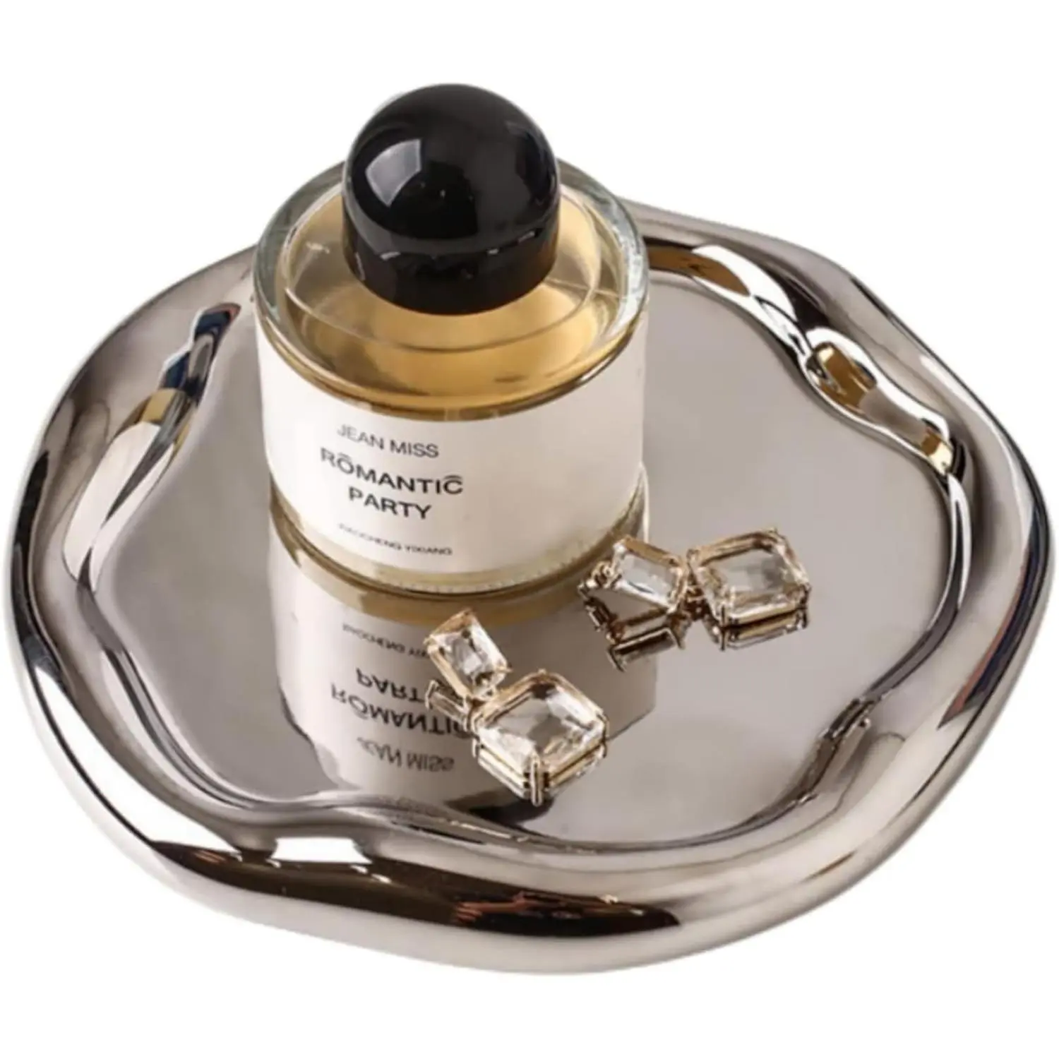 Silver Decorative Vanity Tray, Ceramic Round Irregular Jewelry Dish Makeup Organizer Plate Holder for Bathroom Home Storage