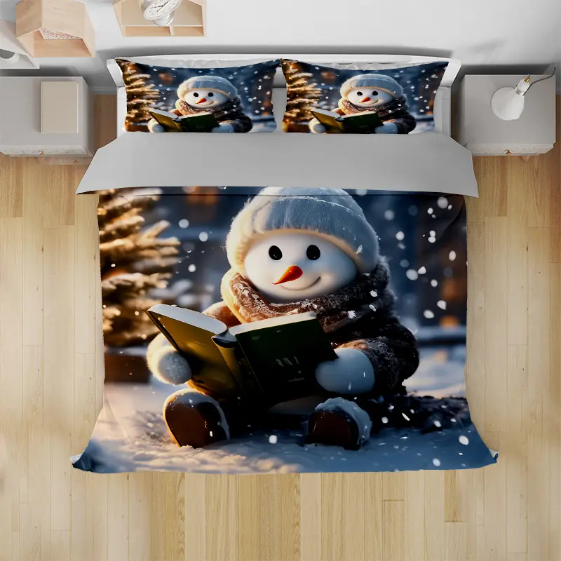 Snowman Reading Book Bedding Set Cozy Winter Theme Duvet Cover & Pillowcases for Festive Home Decor