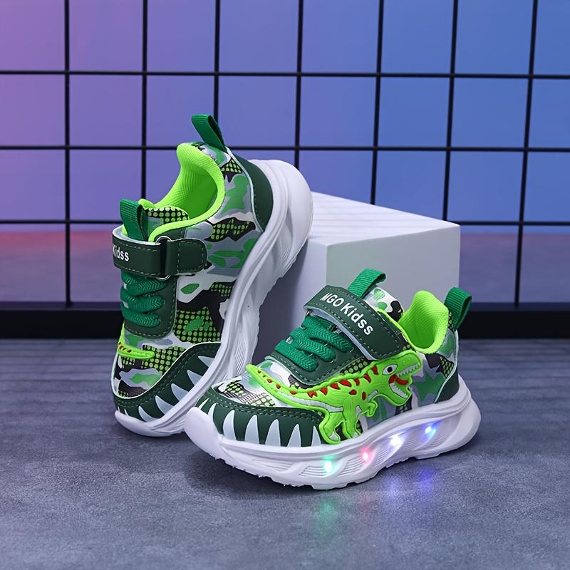 Youngsters' LED Dinosaur Sneakers - Boys' Glow-in-the-Dark T-Rex Sneakers with Flashing Lights, Camouflage & Solid Patterns, Hook-and-loop Fastener Closure, Ages 1-6, Perfect for Casual Play,  Dinosaur Themed Shoes |         Durab High Top Kid