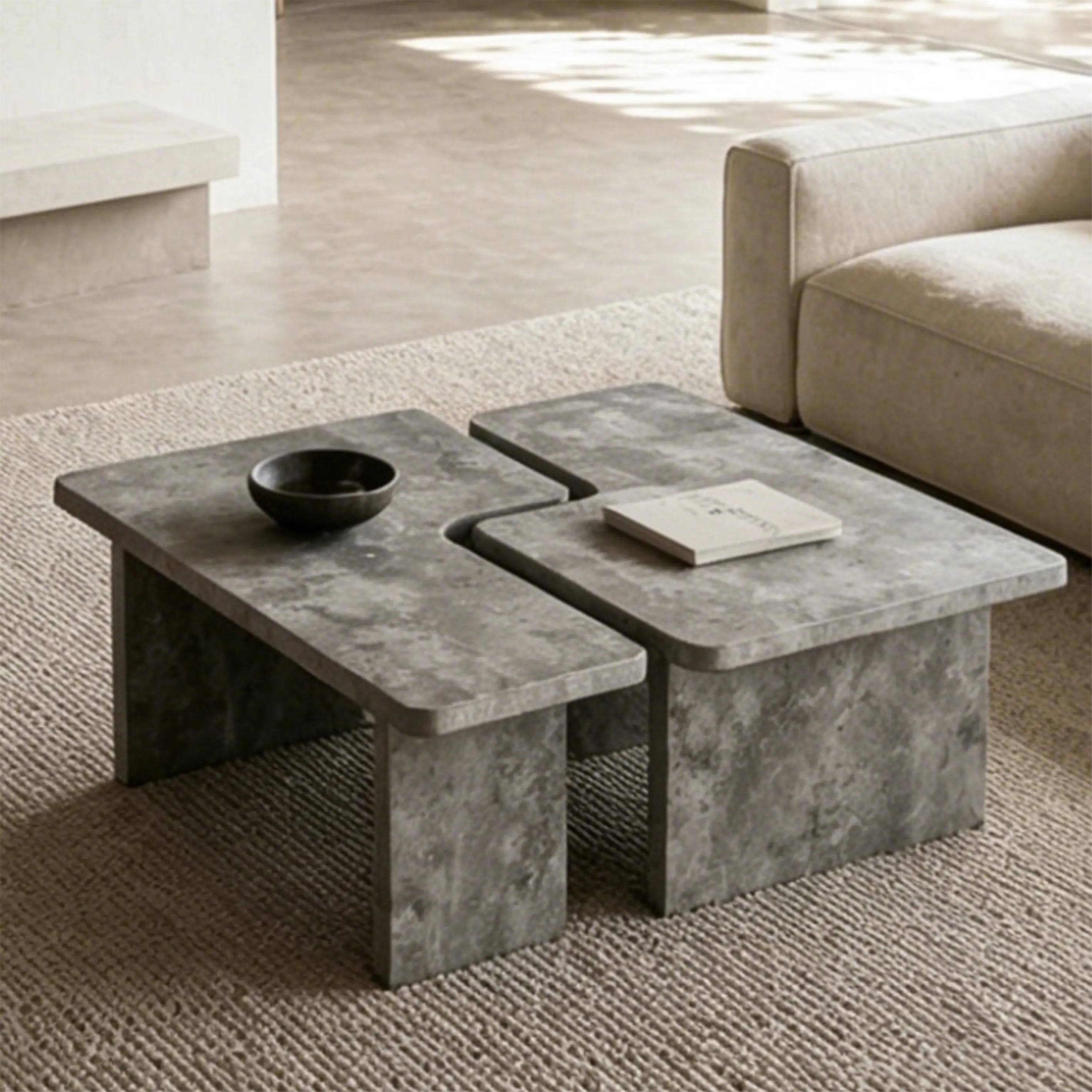 ARCH Modular Concrete Coffee Table Set of 2, Nesting L-Shaped Puzzle Center Table, Faux Stone Look Square or Rectangular Cocktail Table with Slab Legs for Modern Industrial Living Room, Slate Gray, Gray Color Options, MDF Material