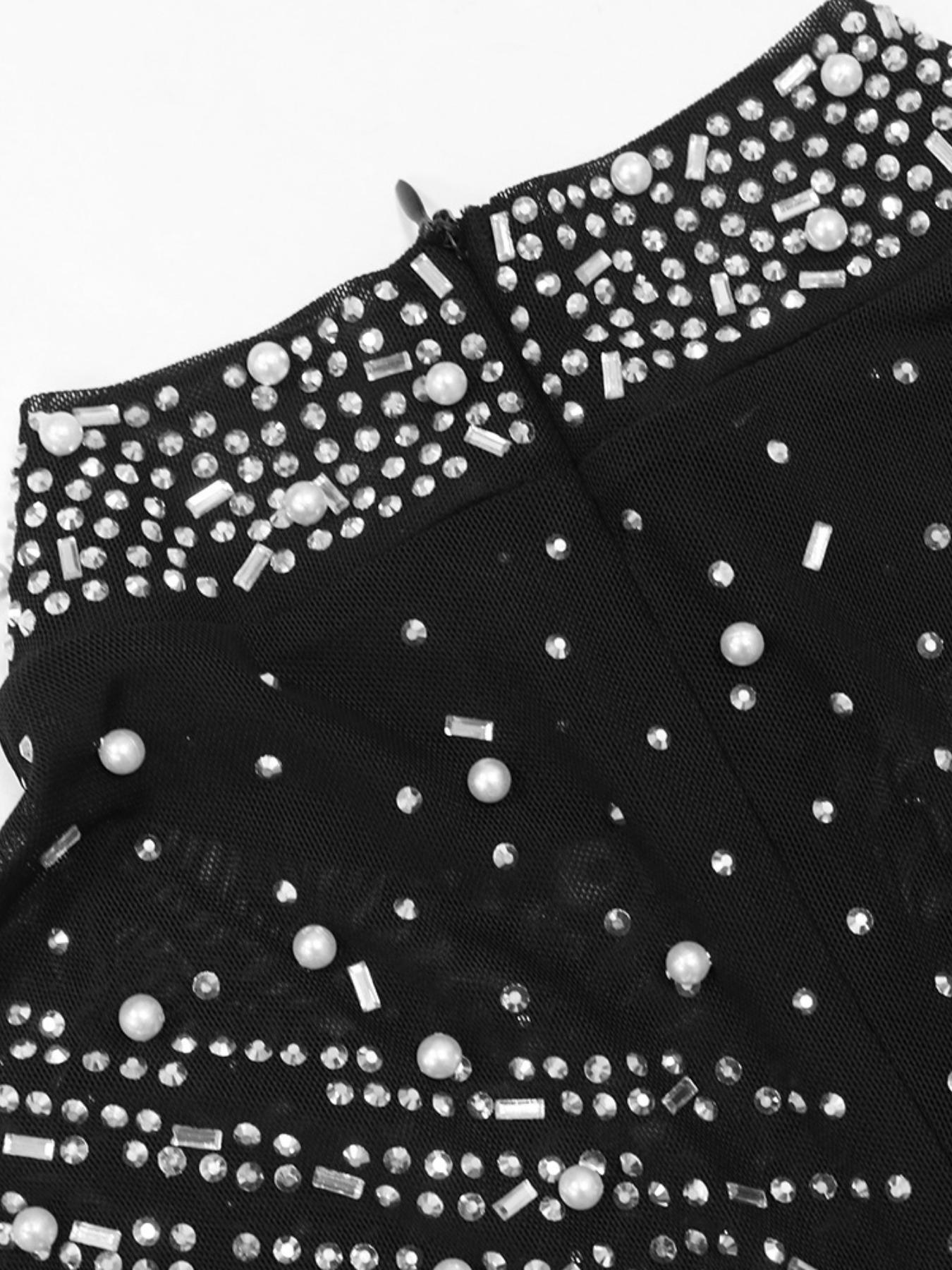 Women's Rhinestone Decor Contrast Mesh Split Thigh Slit Bodycon Dress, Elegant Long Sleeve Stand Collar Evening Party Formal Wear Gown, Ladies Clothes for All Seasons