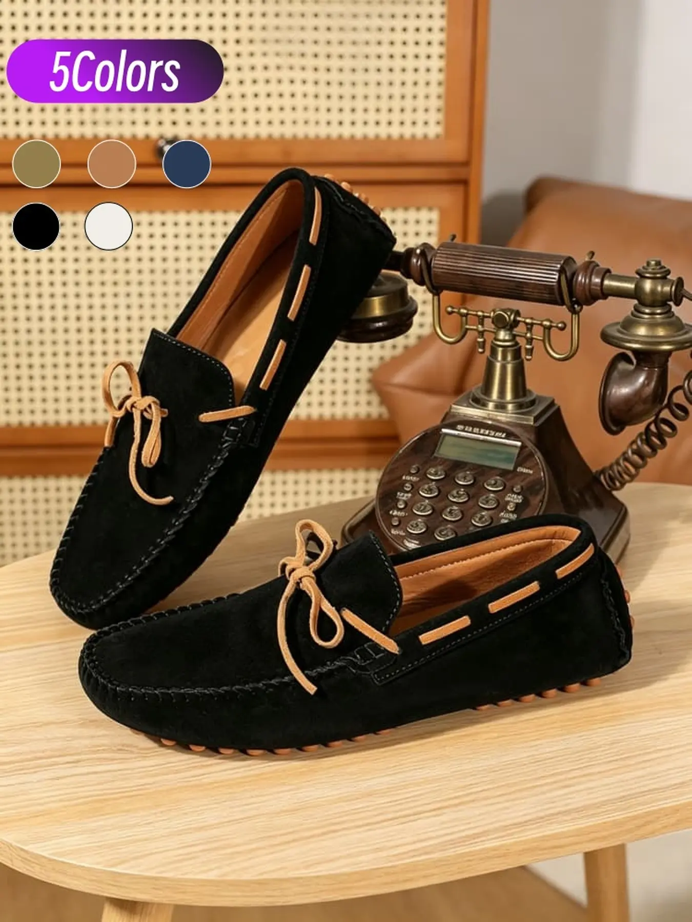 Men's suede bow driving loafers, neat handmade stitching, anti-slip rubber sole for business and daily commute