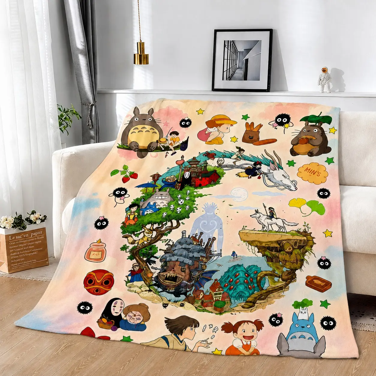 Studio Ghibli My Neighbor Totoro Spirited Away Howl's Moving Castle Flannel Cartoon Print Blanket, Soft Fleece Blanket, Cozy Winter Accessory, Printed Flannel Blanket