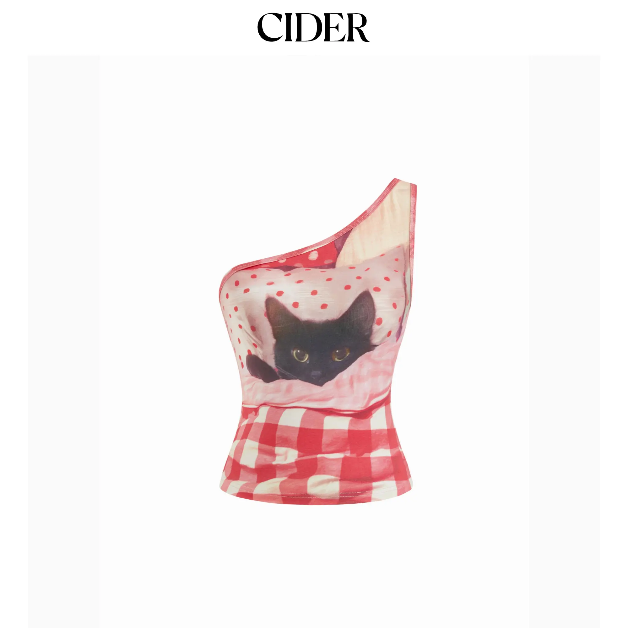 Cider Cotton-blend Asymmetrical Neck Cat Graphic Gingham Tank Top SummerWins SummerFinds