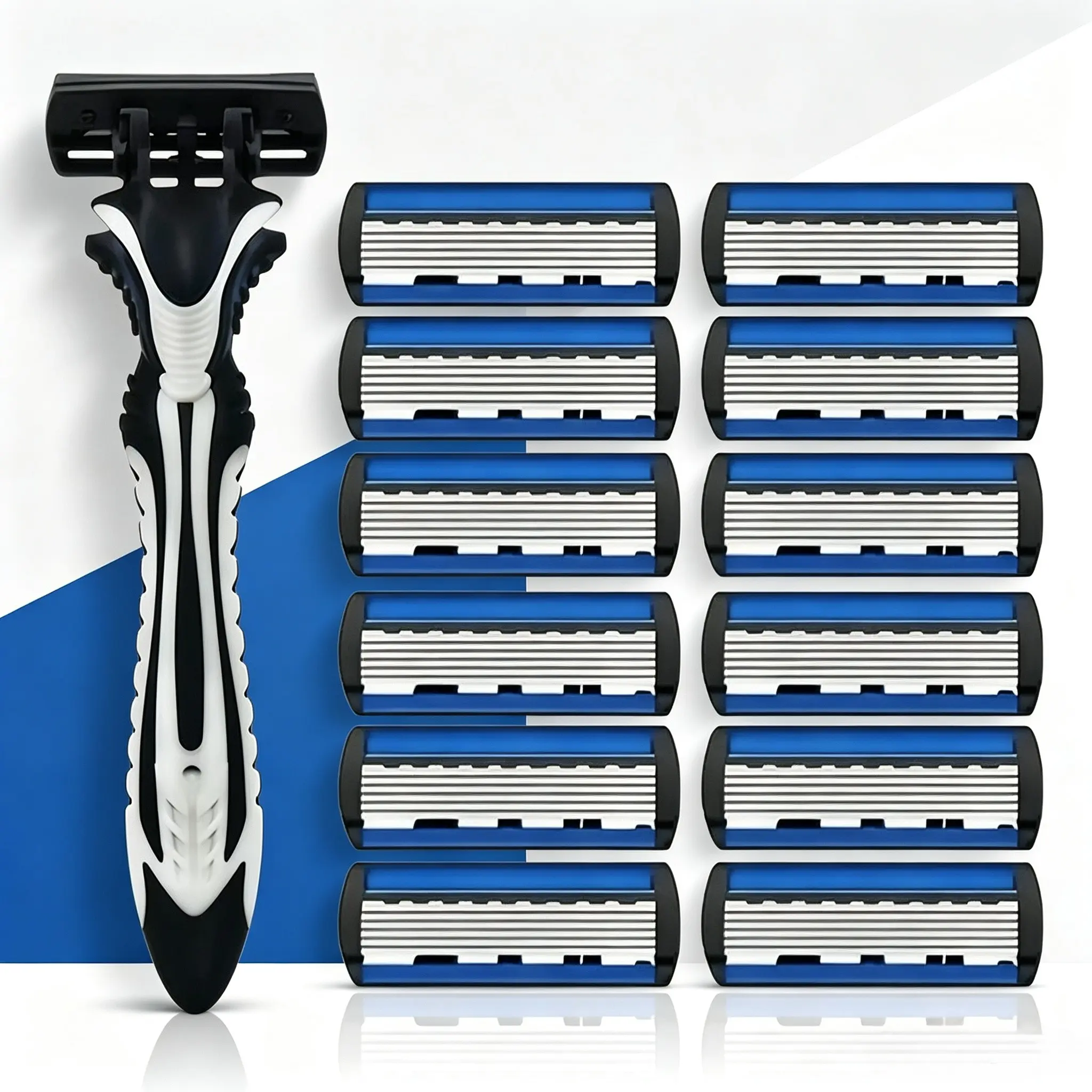Men exclusive safe 6-blade razor set, anti-slip ergonomic grip and sharp replaceable blades. Flexible head fits jaw and lip corners, gentle on tough beard, convenient household and travel portable shaving supply.
