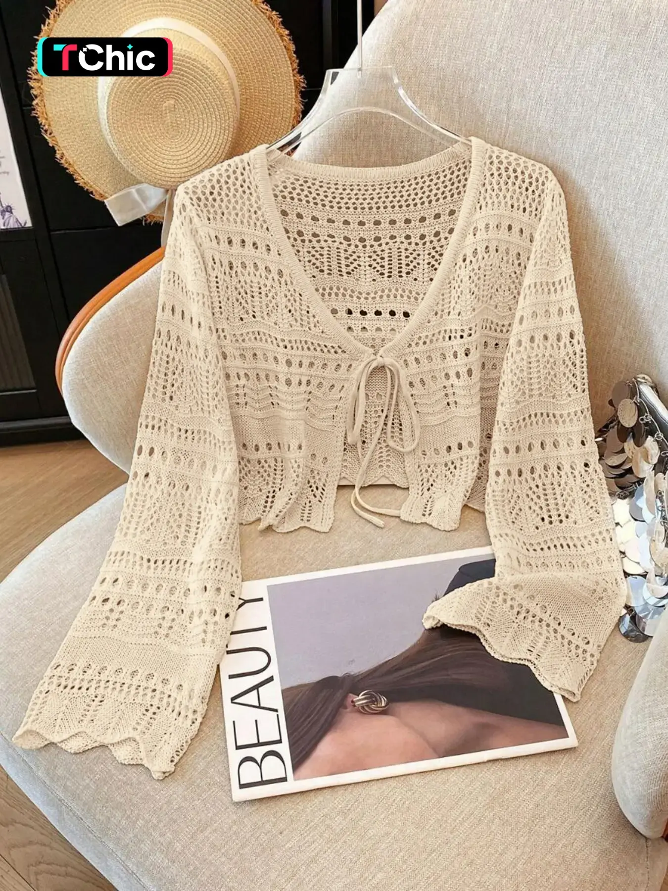 Women's V Neck Hollow Out Tie Front Crochet Knittd Cropped Cardigan, Long Sleeve Loose Fit Casual Summer Spring Lightweight Fashion Chic Street Daily Wear Knit Cardigan, Women Summer Cardigan Knitwear Womenswear Everyday Knitting Tops