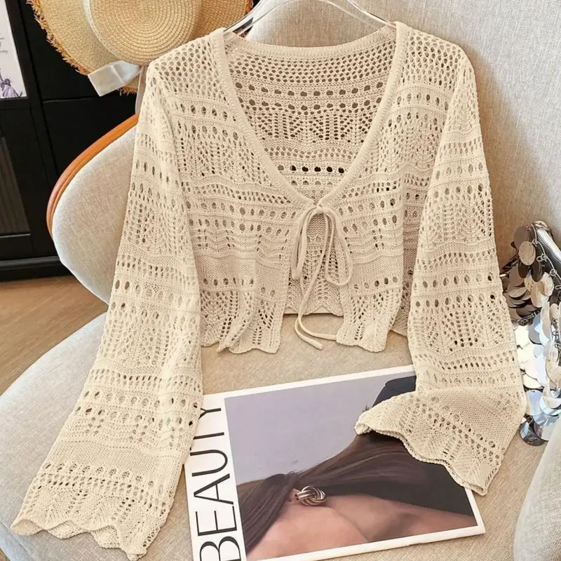 Women's V Neck Hollow Out Tie Front Crochet Knittd Cropped Plain Cardigan, Long Sleeve Loose Fit Casual Summer Spring Lightweight Fashion Chic Street Daily Wear Knit Cardigan, Women Summer Cardigan Knitwear Womenswear Everyday Knitting Tops