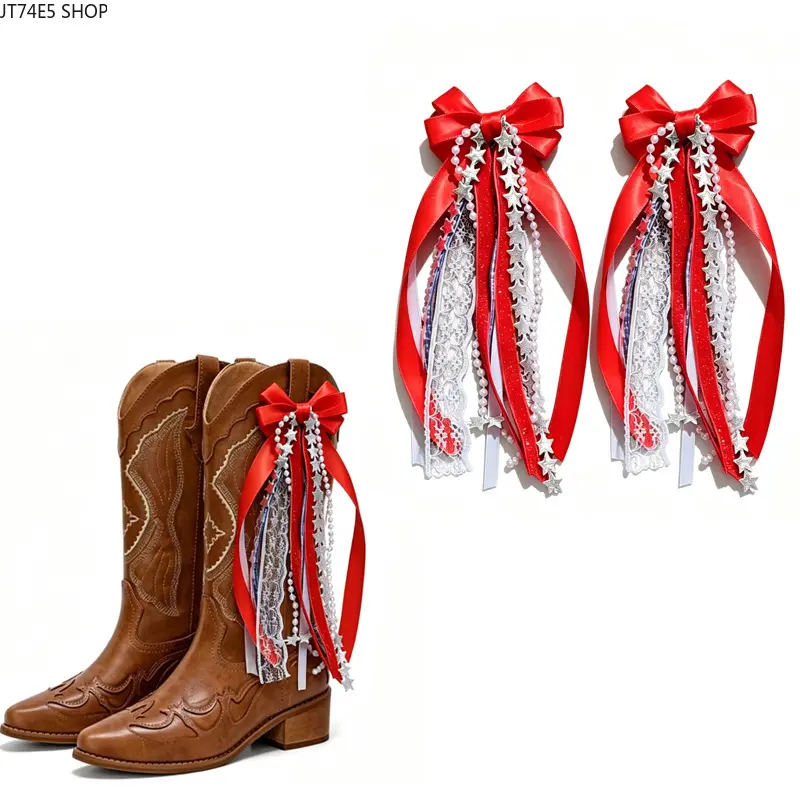 Classic Synthetic Western Cowboy Footwear Decorations - Bow Ribbon, Star Pattern Shoe Charms Accessories with Easy Attach & Remove for Independence Day, Tassels, Pair Set, Boot Decoration