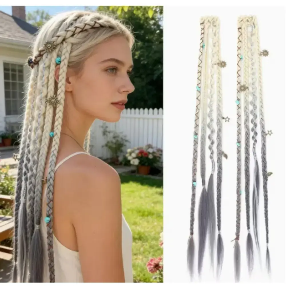 Boho Braided Hair Extensions 2 Pack, Viking Style Hair Accessories with Metal Charms, Festival Cosplay Hair Pieces for Women
