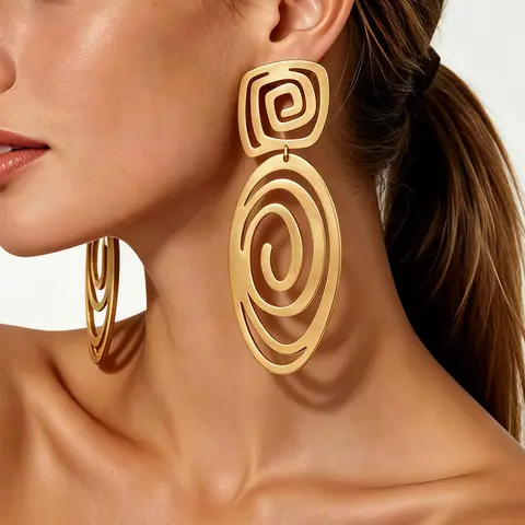 Women's Fashion Jewelry Accessories Stylish Dangle Earrings, Simple Geometric Spiral Lines, Square Patchwork Hollow Out Oval, Metal Style, Party, Daily Wear