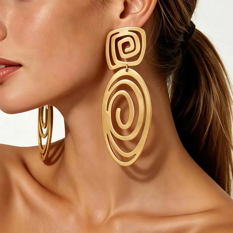 Women's Fashion Jewelry Accessories Stylish Dangle Earrings, Simple Geometric Spiral Lines, Square Patchwork Hollow Out Oval, Metal Style, Party, Daily Wear