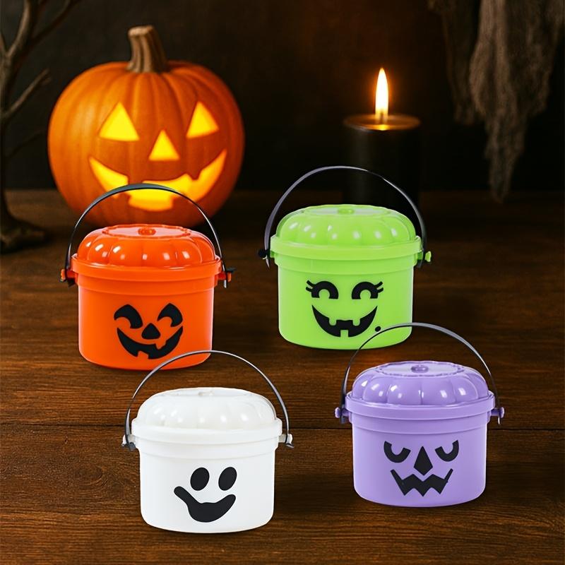 Mini Halloween Nostalgic Cute Plastic Buckets - Orange, Purple, White, Green with Jack-O'-Lantern Faces - Durable Water Buckets for Home Decor, Horror Party Supplies, Ghost Festival & Trick-or-Treat Celebrations, Playful Design, Party Favors Assortment