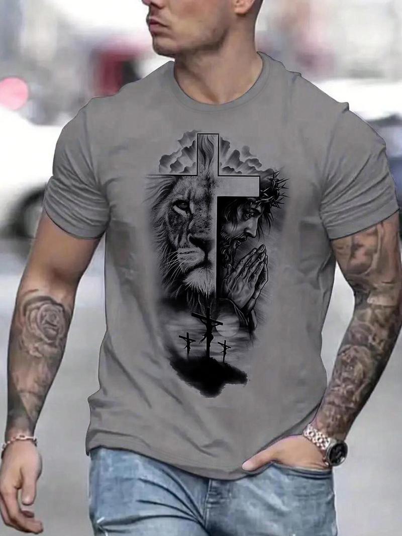 Men's Lion & Jesus Print Casual Graphic Design Round Neck Tee, Regular Fit Casual Short Sleeve Crew Neck T-Shirt for Summer, Fashion Men's Top for Daily Wear, Tropical