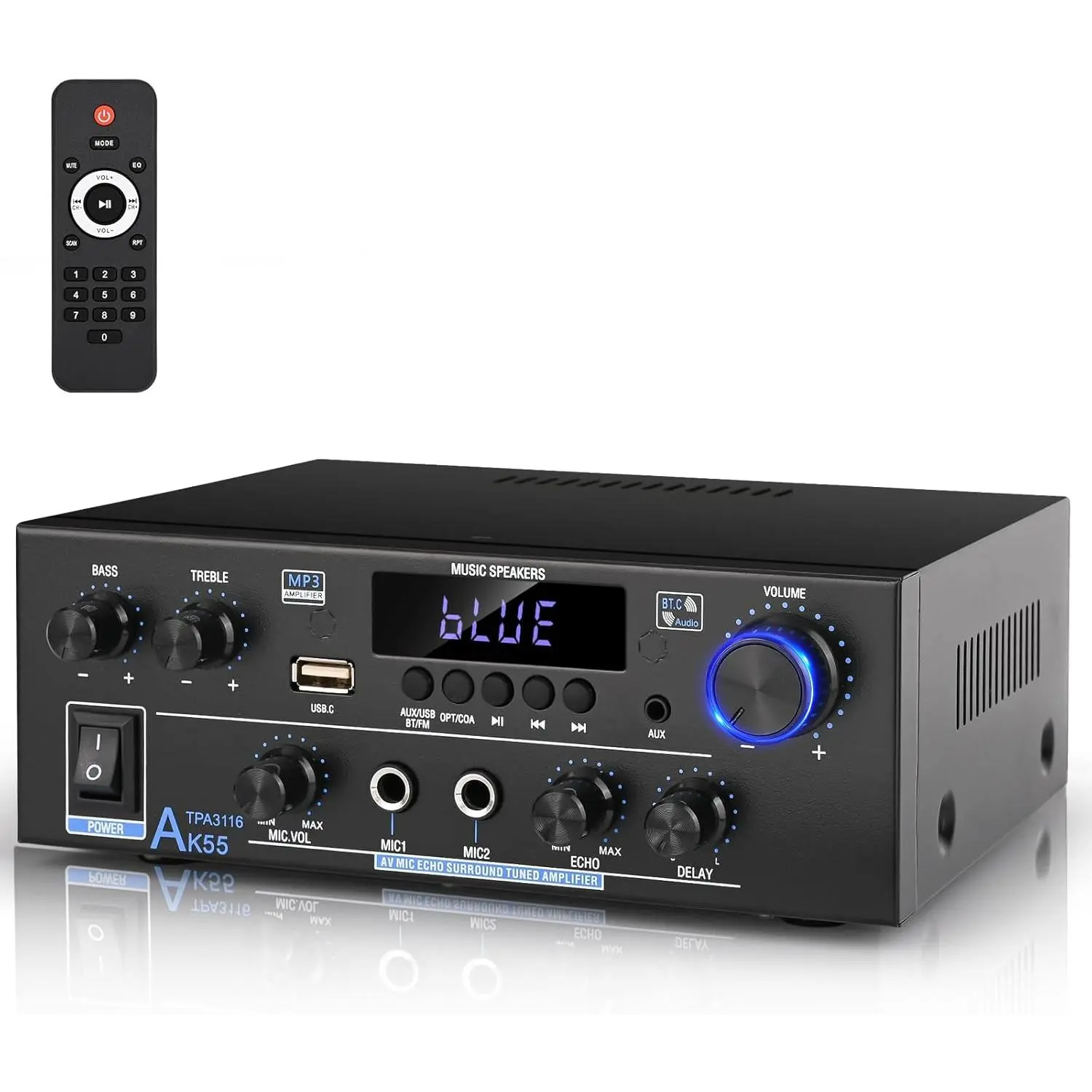Romica AK55 Stereo Audio Amplifier, 2  500W  5.0  Audio Stereo Receivers with FM, Echo, AUX, USB, SD, MIC, Optical & Coaxial Inputs, AMP for Passive Speakers and  subwoofer