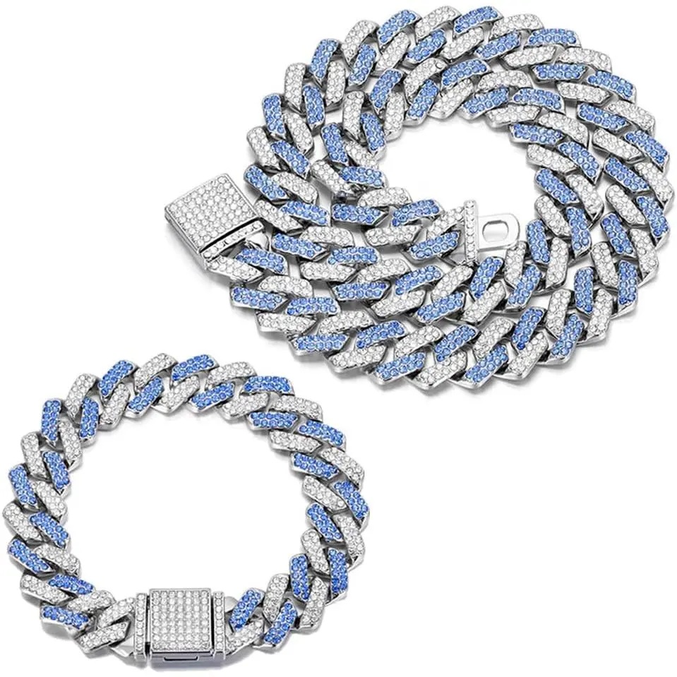 2 count Blue Iced Out Cuban Link Chain Cuban  Chain Necklace Bracelet Bling  Hop  for Men Women