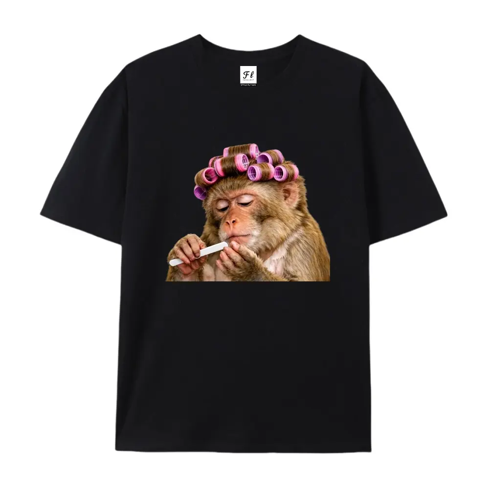 Self Care Hair Roller Chill Monkey Graphic T-Shirt, Funny Relatable Lazy Self-Care Meme Casual Tee