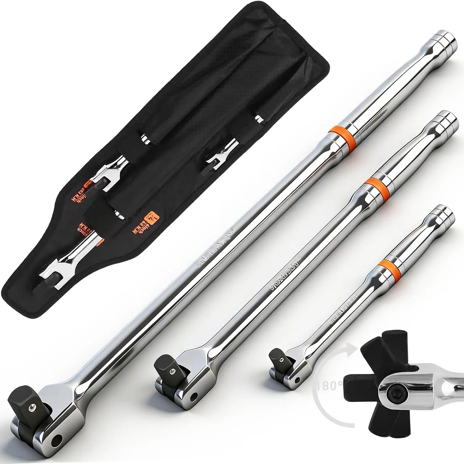 3- Breaker Bar Set with 180° Rotatable , 1/4'', 3/8'' and 1/2'' Drive, 6'', 10'', 15'' Length, Heavy Duty Breaker Bars with Chrome Vanadium Steel