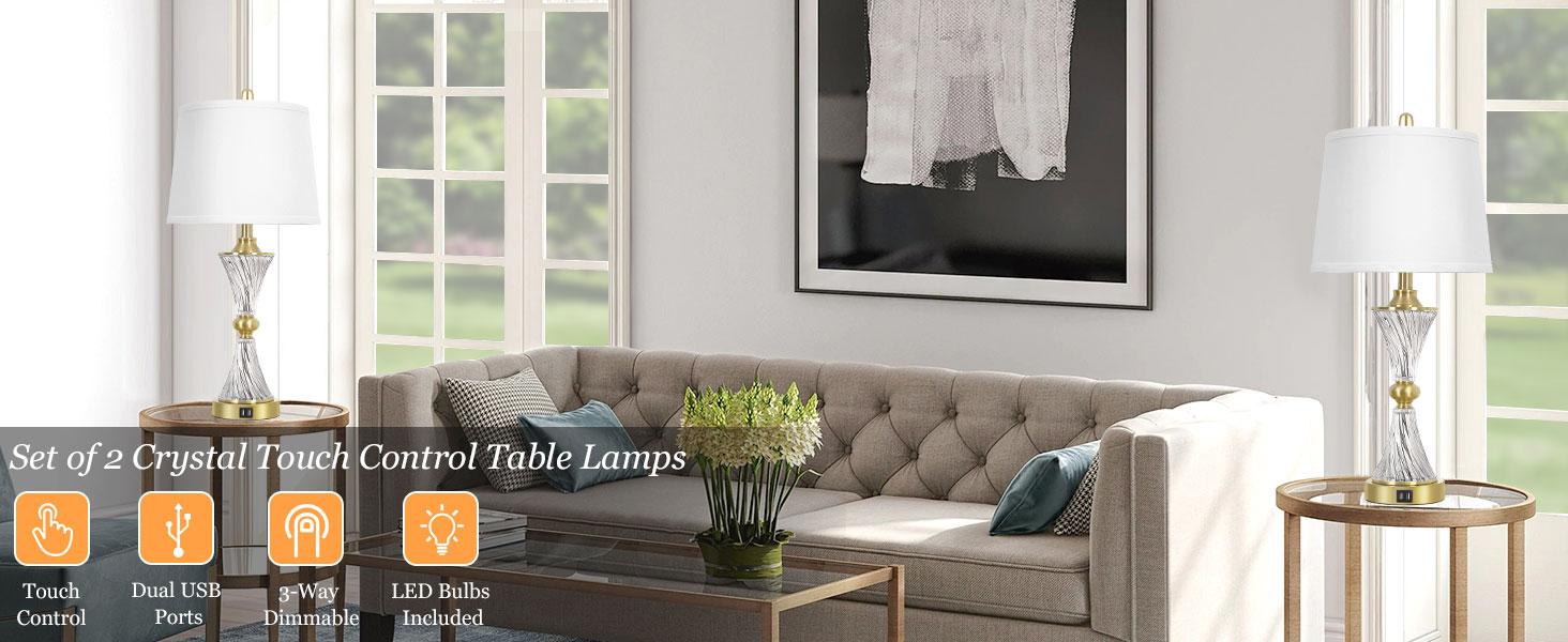 Touch Control Dimmable Table Lamps for Bedrooms, 3-Way Gold Crystal Bedside Lamp with USB Ports, Set of 2 Contemporary End Table Lamps with White Drum Shade for Living Room Reading, LED Bulbs Included