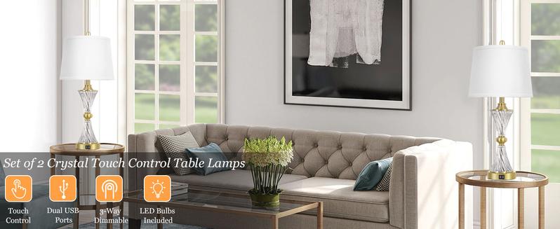 Touch Control Dimmable Table Lamps for Bedrooms, 3-Way Gold Crystal Bedside Lamp with USB Ports, Set of 2 Contemporary End Table Lamps with White Drum Shade for Living Room Reading, LED Bulbs Included Touch Control Dimmable Table Lamps for Bedrooms, 3-Way Gold Crystal Bedside Lamp with USB Ports, Set of 2 Contemporary End Table Lamps with White Drum Shade for Living Room Reading, LED Bulbs Included