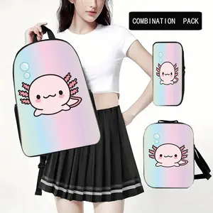 This 3-piece adorable Mexican axolotl-themed unisex backpack set includes a backpack, pencil case, and crossbody bag. The cool handle print makes it suitable for daily commutes and a perfect gift for friends and family.