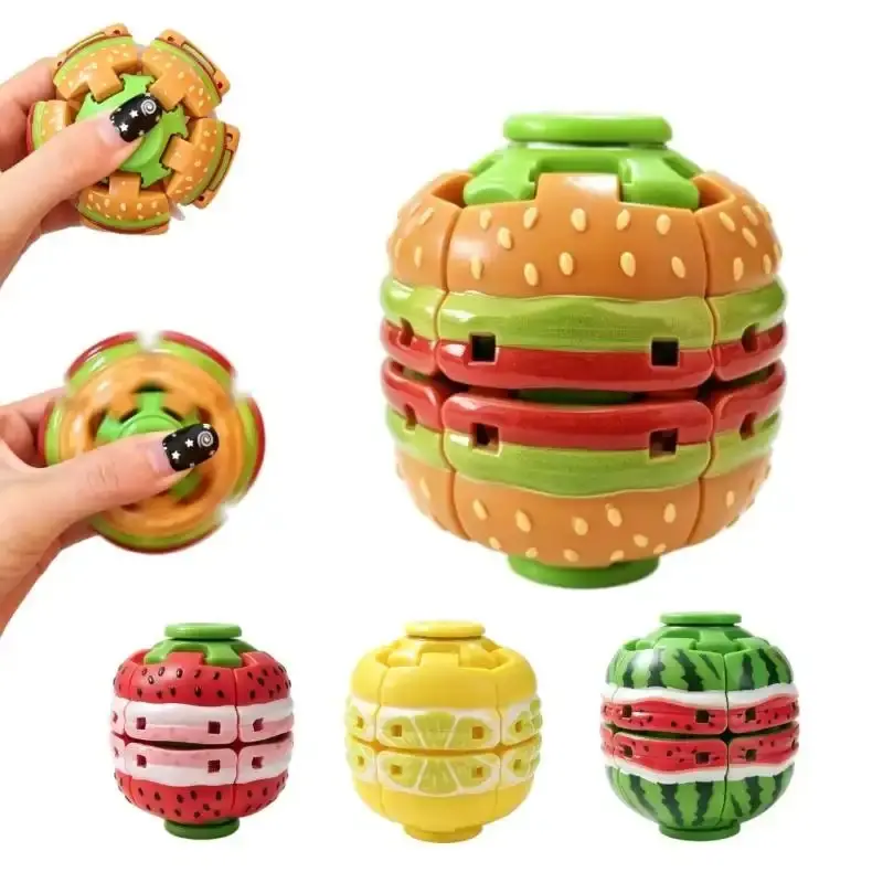 3D Printed Press & Spin Fidget Ball - 360°Rotation, Quiet Desktop Fidget Toy, Smooth Tactile Play for Focus & Relaxation, Portable Pocket-Sized Decompression Gadget with Burger and Fruit Designs-MM1